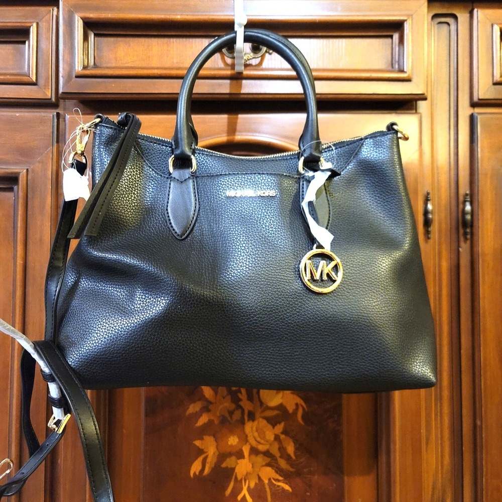 Michael Kors Austen Medium Leather Satchel Purse, Black